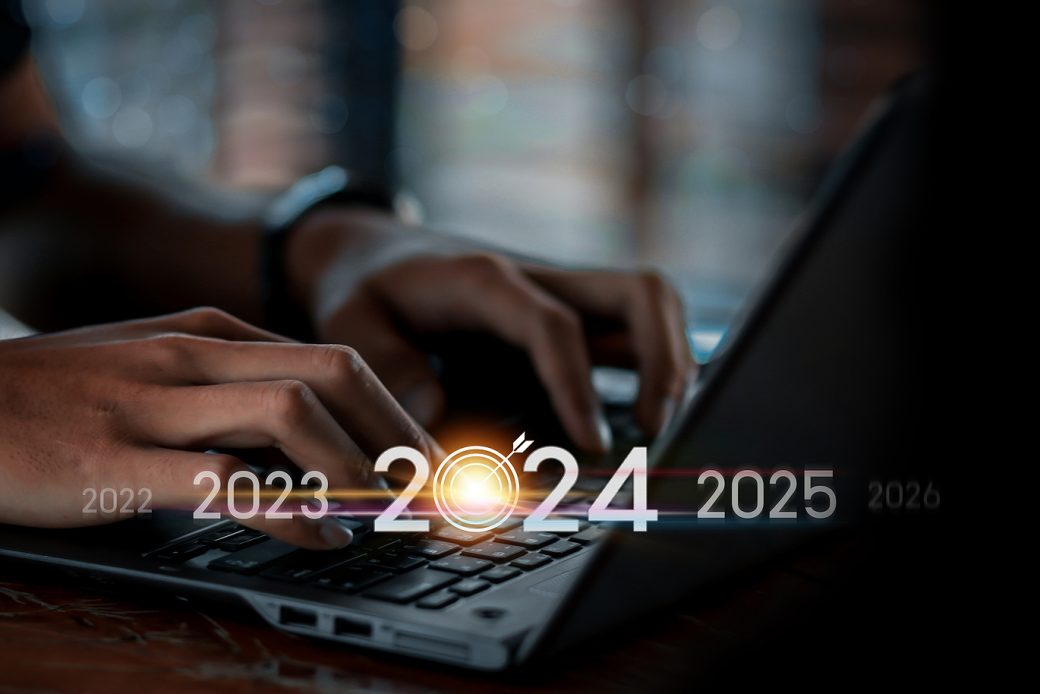 Trend of 2024. people business investor using laptop with virtual 2024 year diagram, business trend, change from 2023 to 2024, strategy, investment, business planning and happy new year concept