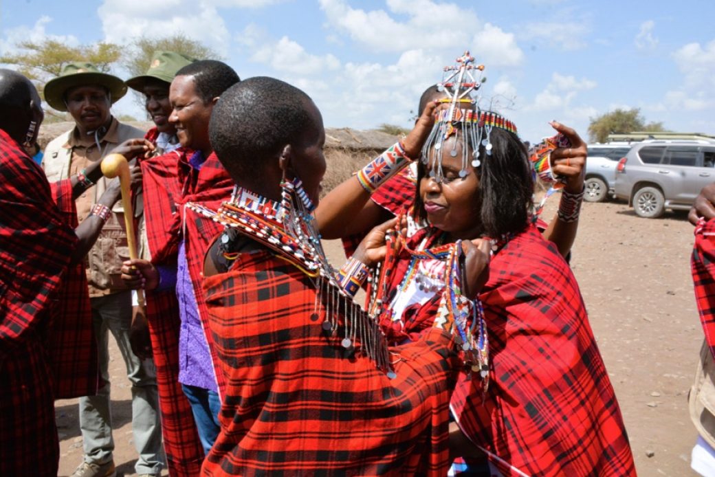 Cabinet Secretary for Tourism, Wildlife and Heritage, Peninah Malonza is adorned in Maasai regalia during the World Wildlife Day and the Magical Kenya Tembo Naming cultural ceremony in Amboseli in Kajiado County on March 3rd 2023.