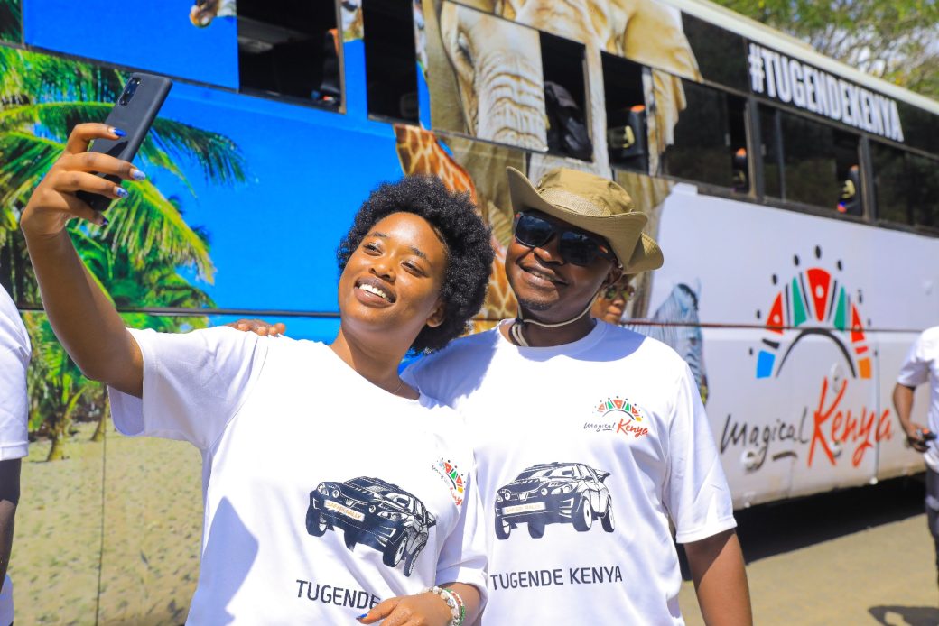 Some of the rally fans pose for a selfie. A group of 160 motorsport supporters will visit numerous magical hotspots in the country courtesy of the Kenya Tourism Board (KTB).