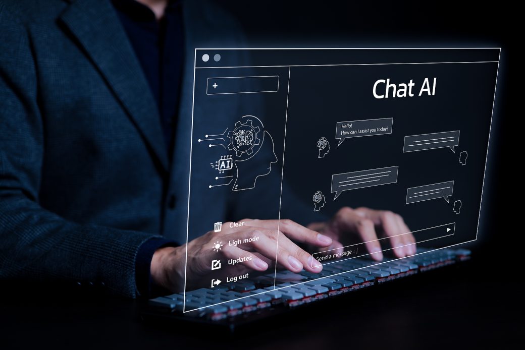 Chat Bot Chat with AI or Artificial Intelligence technology. Man working using a laptop computer chatting with an intelligent artificial intelligence asks for the answers he wants. generative ai,