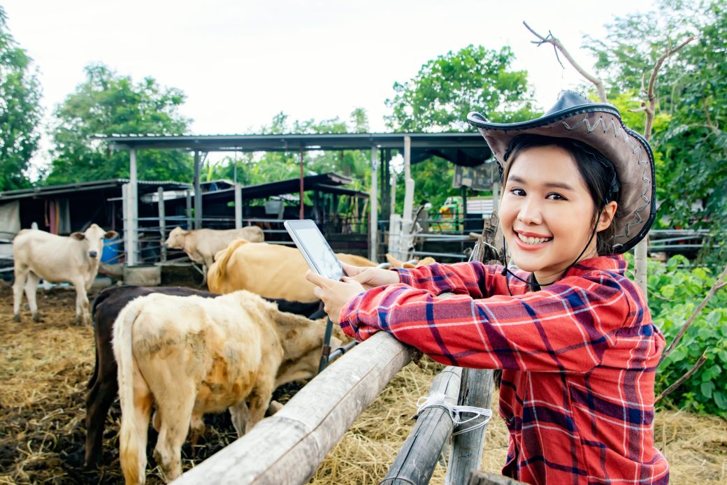 Portrait asian farmer veterinarian working the cattle area in a rural cowshed holding tablet taking care of the cows in a villager's farm looking at the camera and giving beautiful smile.