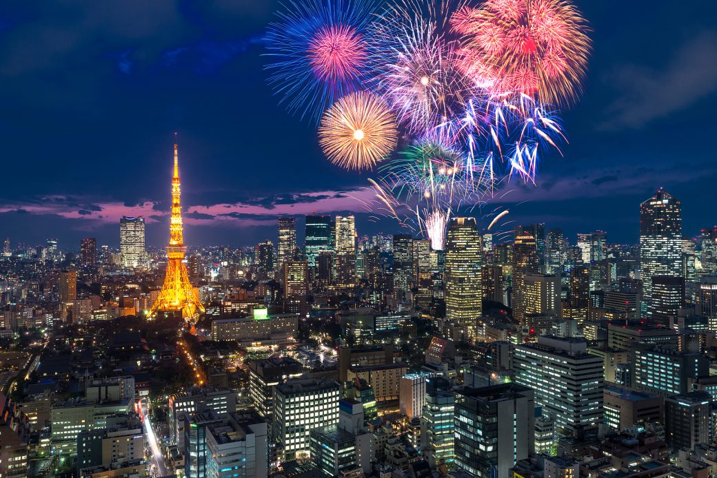 Tokyo at night, Fireworks new year celebrating over tokyo cityscape at night in Japan